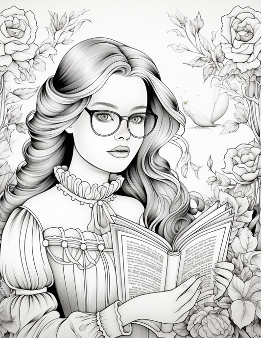 Aesthetic coloring pages for kids teens and adults picture of girl reading book coloring sheet