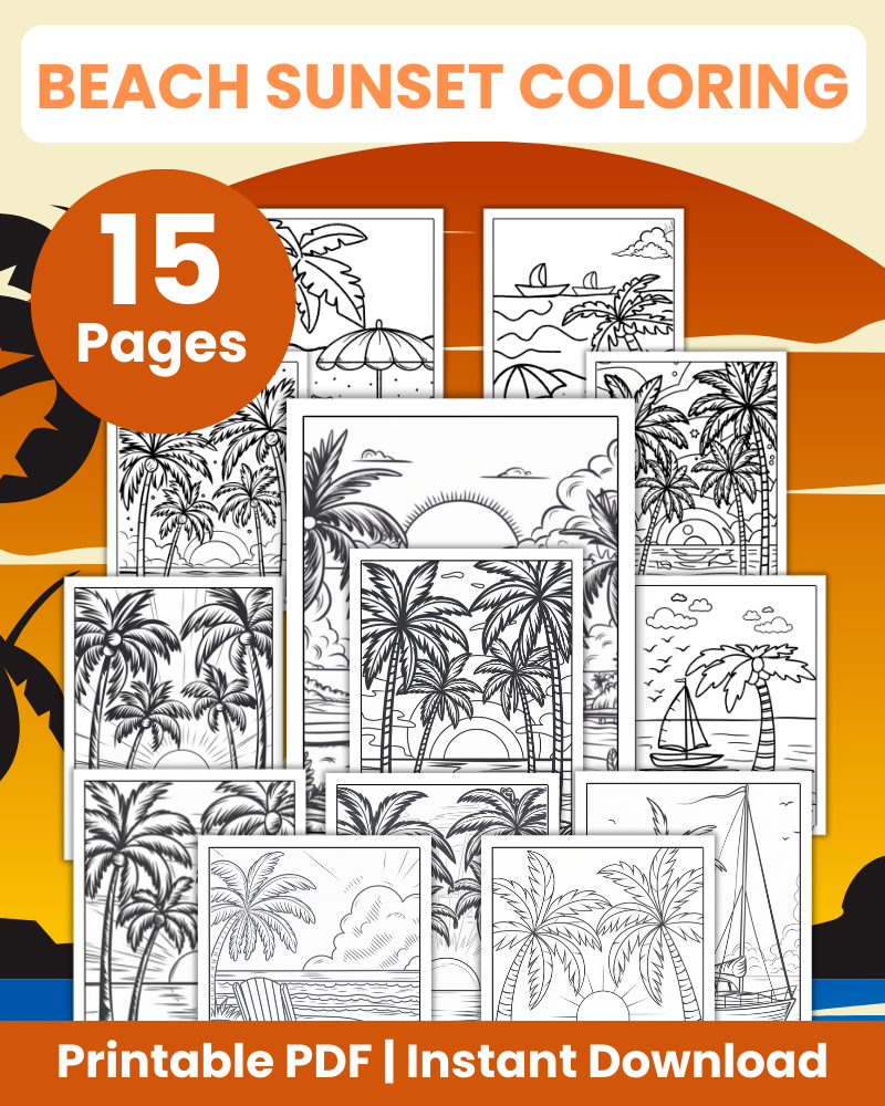 Beach Sunset Coloring Pages with 15 Pages