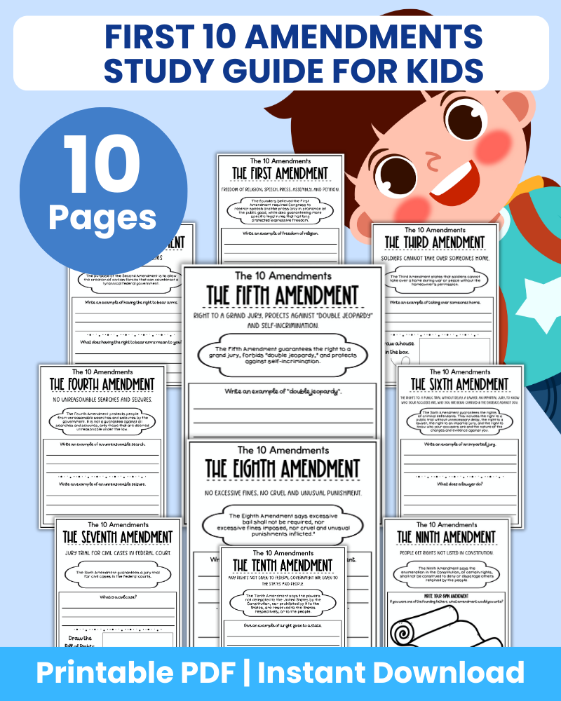 first 10 amendments study guide for kids printable