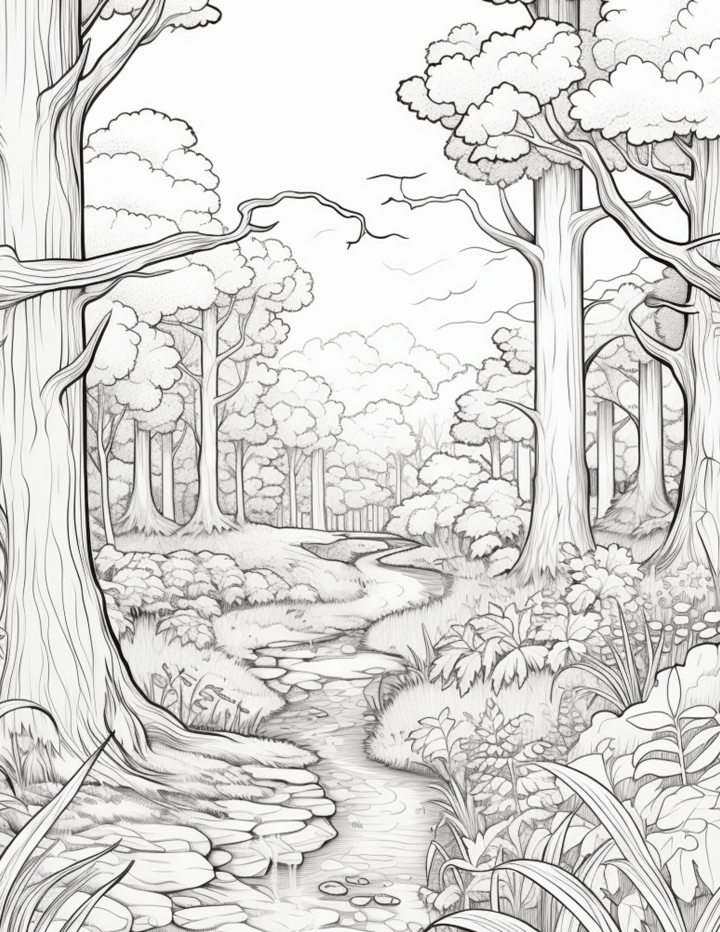 Garden coloring pages of trees and a flowing creek coloring page