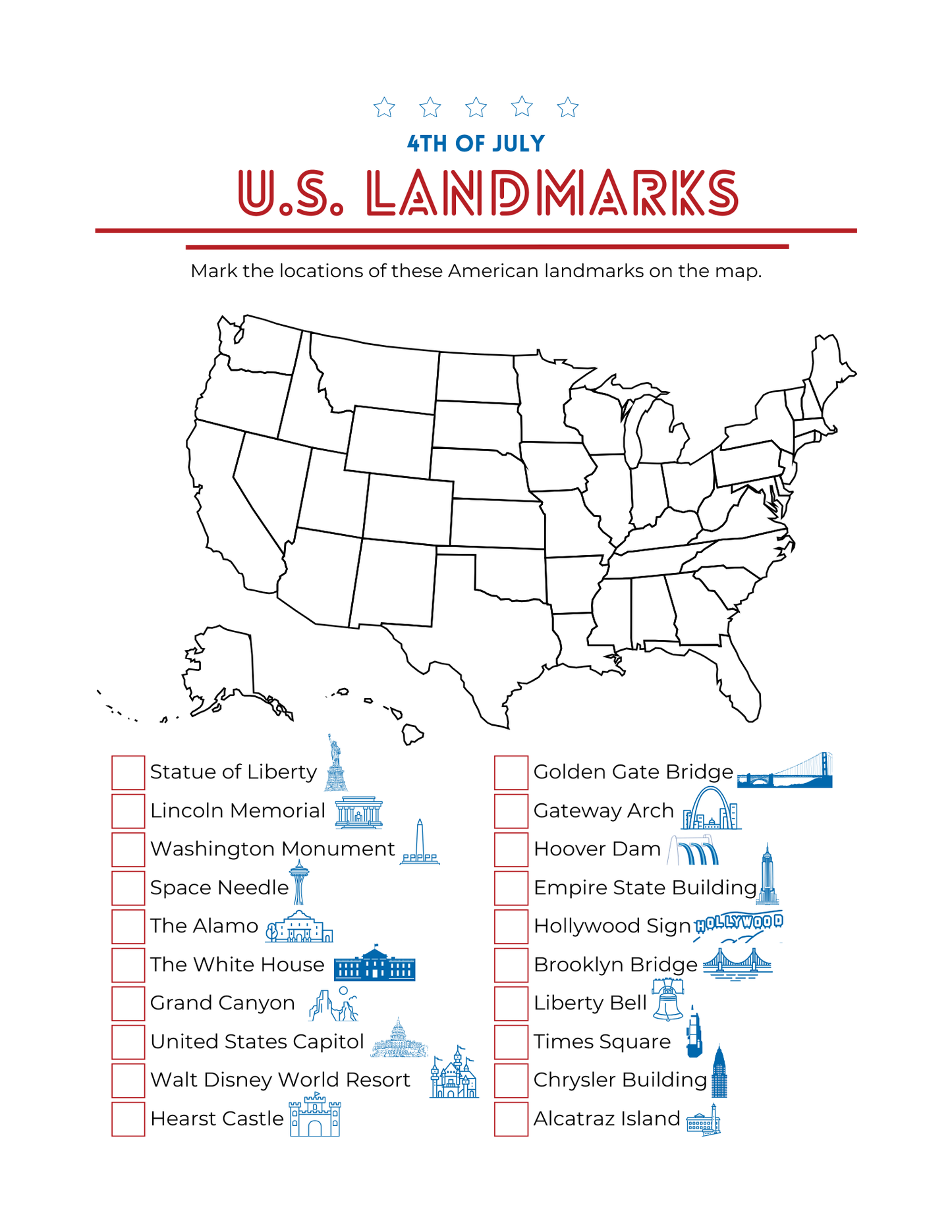 July 4th printable activity pack for kids funn printables including word search, learn the USA landmarks, connect the dots, color the fireworks, find the objects and more, 42 pages total to print pdf download