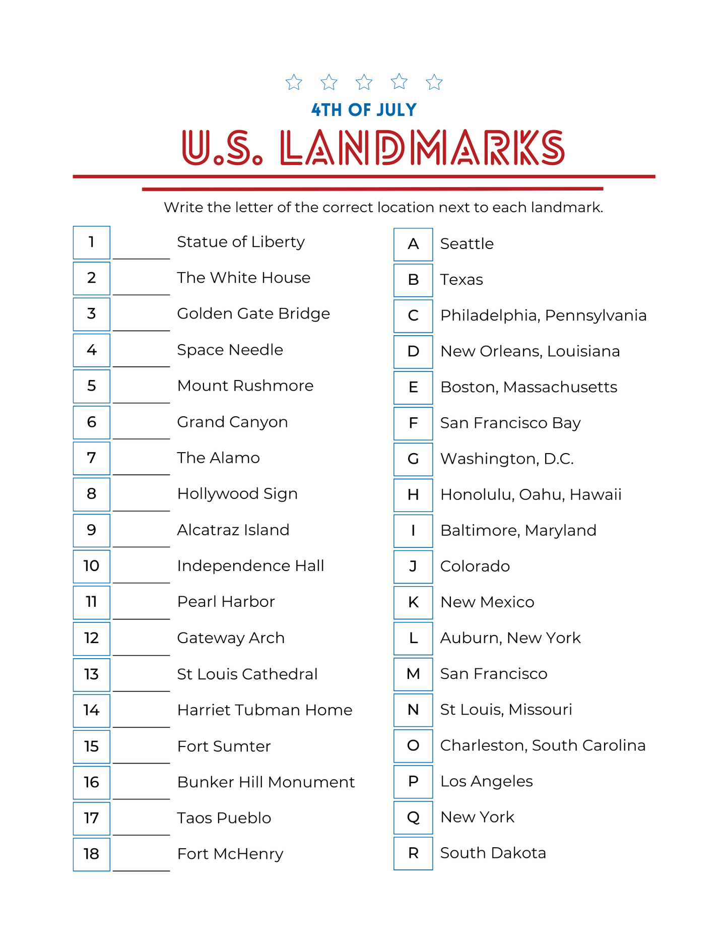 July 4th printable activity pack for kids funn printables including word search, learn the USA landmarks, connect the dots, color the fireworks, find the objects and more, 42 pages total to print pdf download