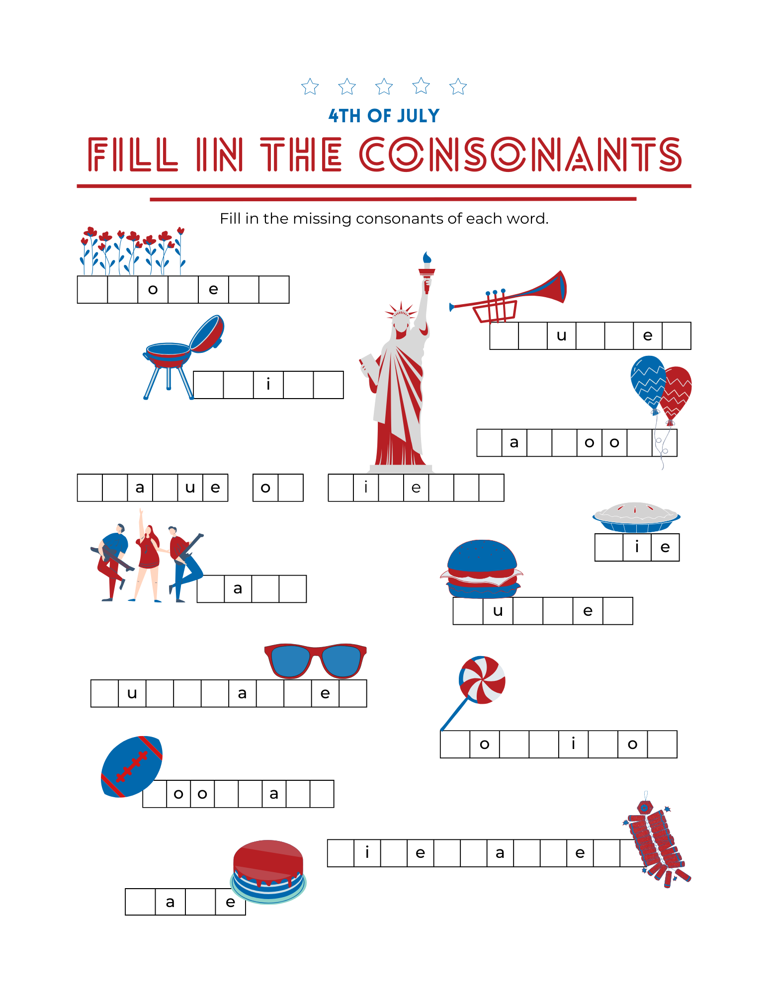 July 4th printable activity pack for kids funn printables including word search, learn the USA landmarks, connect the dots, color the fireworks, find the objects and more, 42 pages total to print pdf download