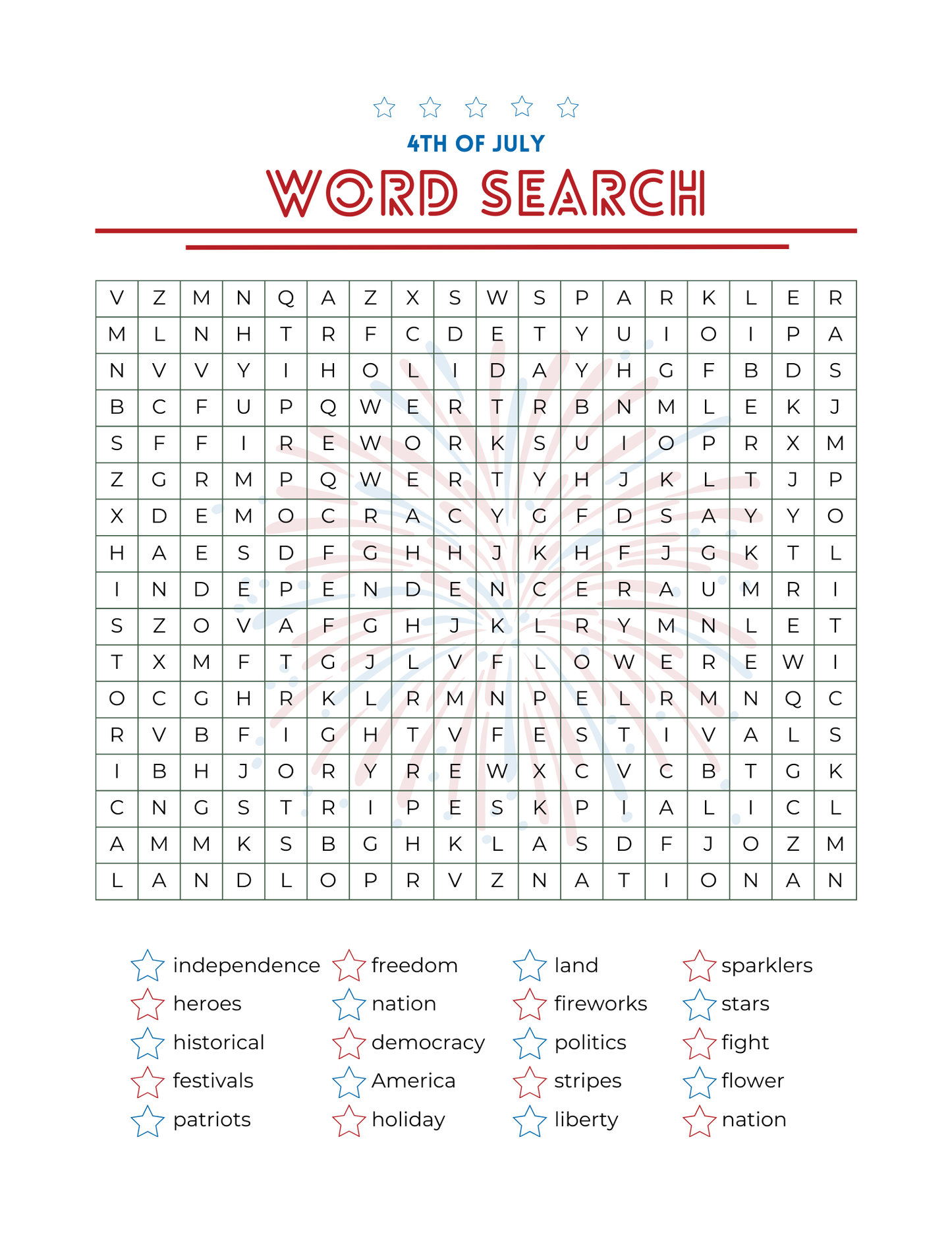 July 4th printable activity pack for kids funn printables including word search, learn the USA landmarks, connect the dots, color the fireworks, find the objects and more, 42 pages total to print pdf download