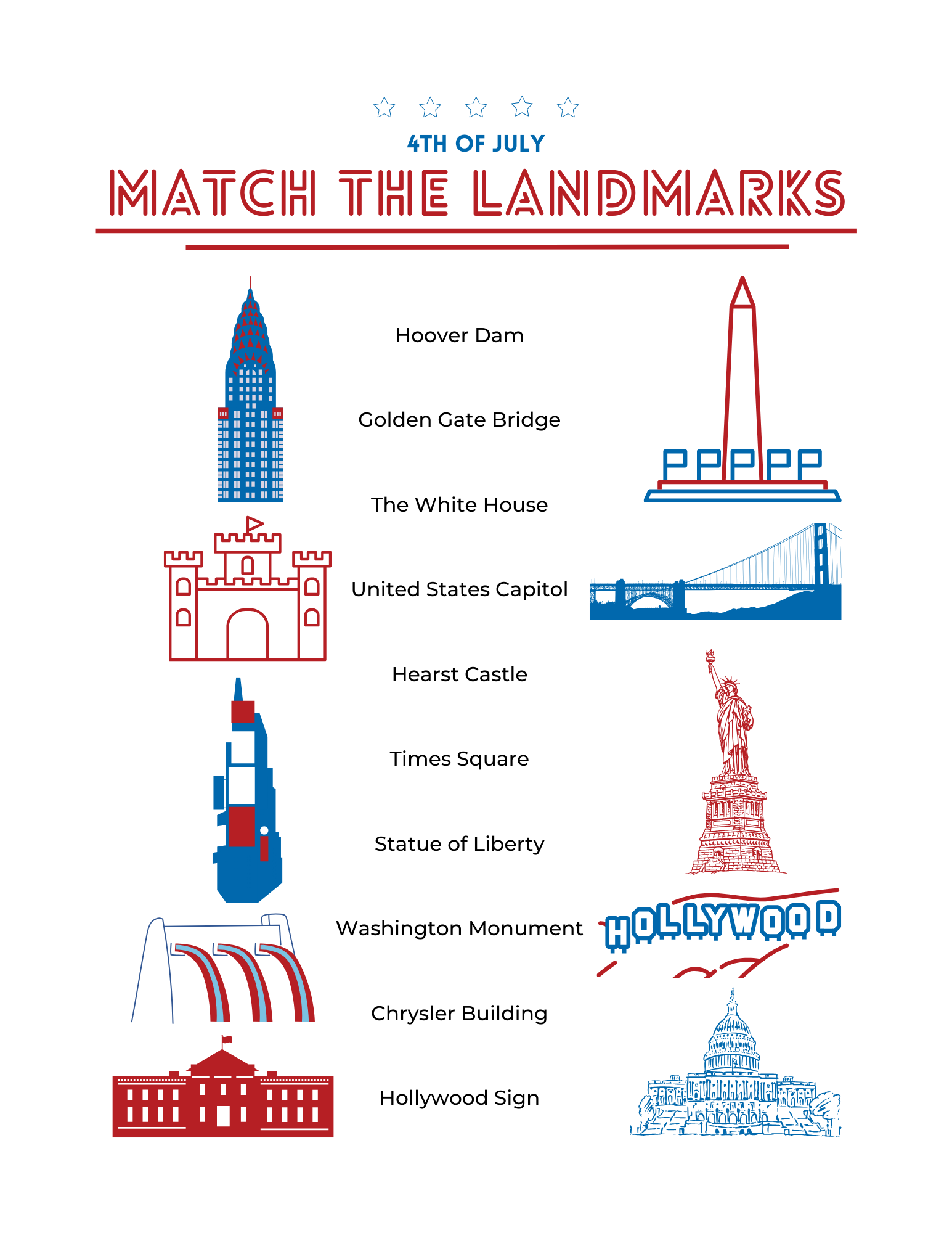 July 4th printable activity pack for kids funn printables including word search, learn the USA landmarks, connect the dots, color the fireworks, find the objects and more, 42 pages total to print pdf download