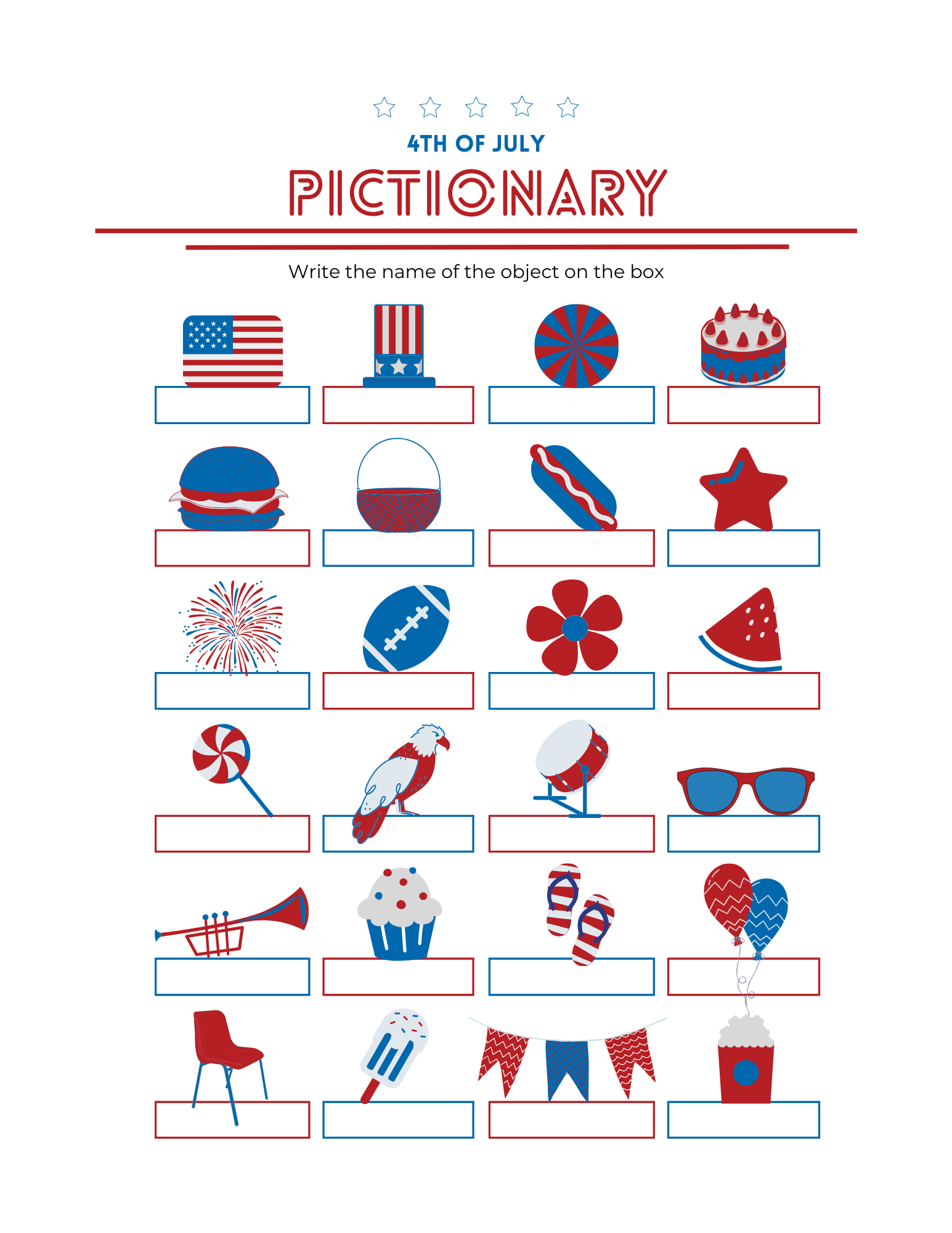 July 4th printable activity pack for kids funn printables including word search, learn the USA landmarks, connect the dots, color the fireworks, find the objects and more, 42 pages total to print pdf download