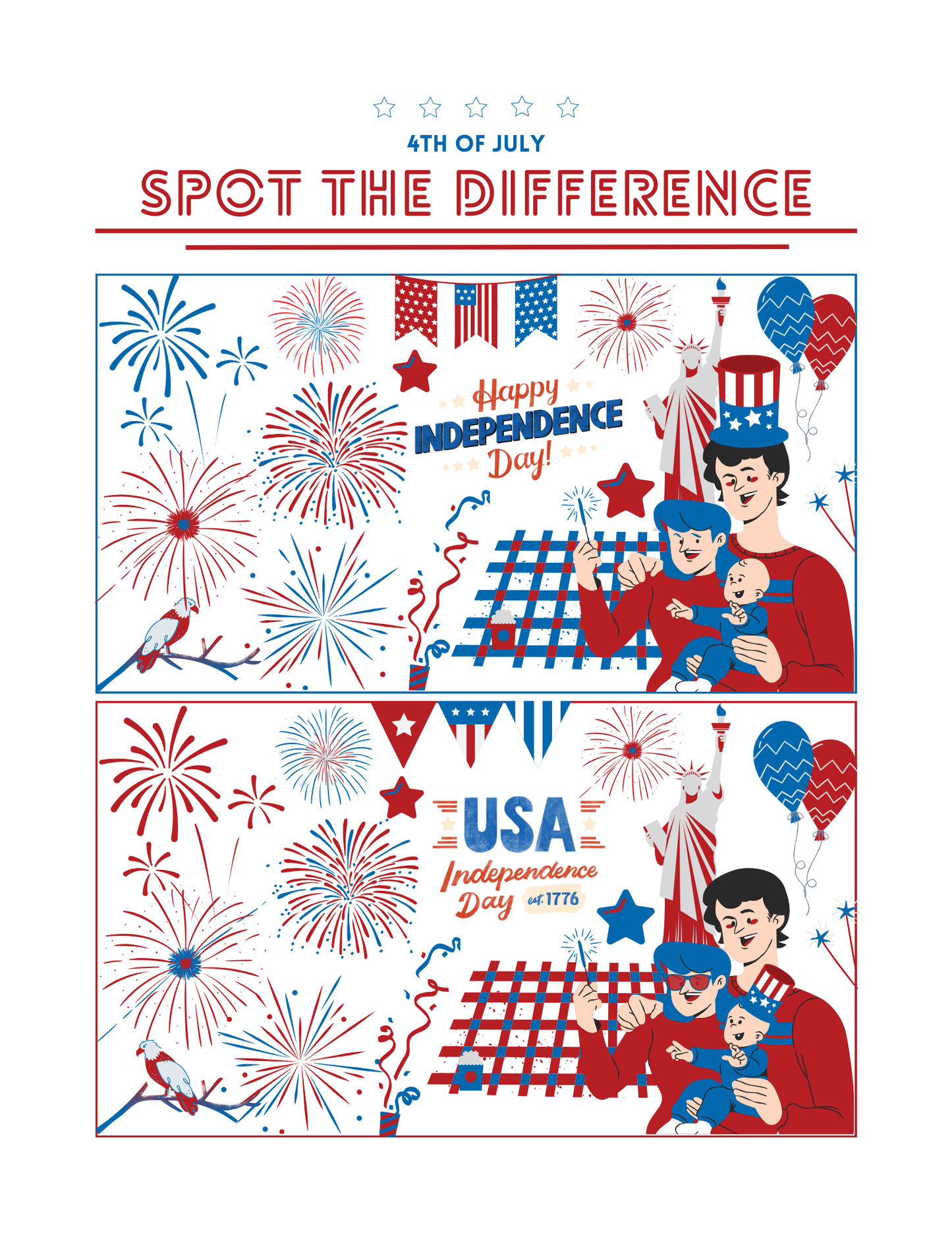 July 4th printable activity pack for kids funn printables including word search, learn the USA landmarks, connect the dots, color the fireworks, find the objects and more, 42 pages total to print pdf download