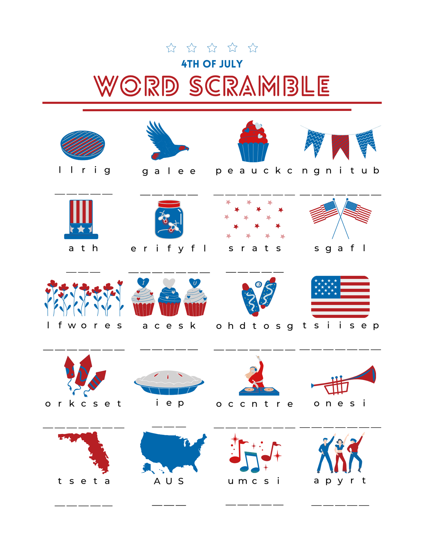 July 4th printable activity pack for kids funn printables including word search, learn the USA landmarks, connect the dots, color the fireworks, find the objects and more, 42 pages total to print pdf download