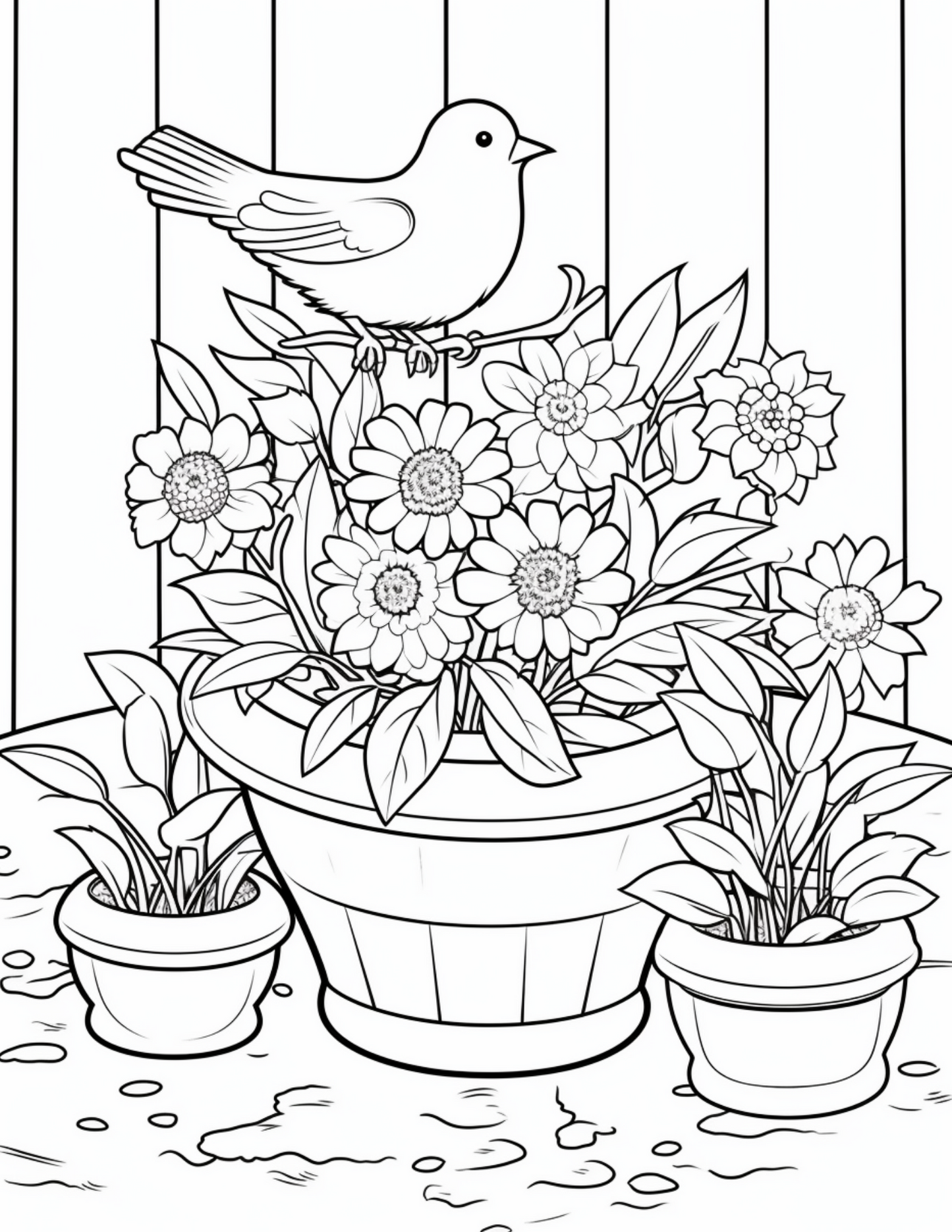 flowers in a garden container coloring pages, birds coloring pages