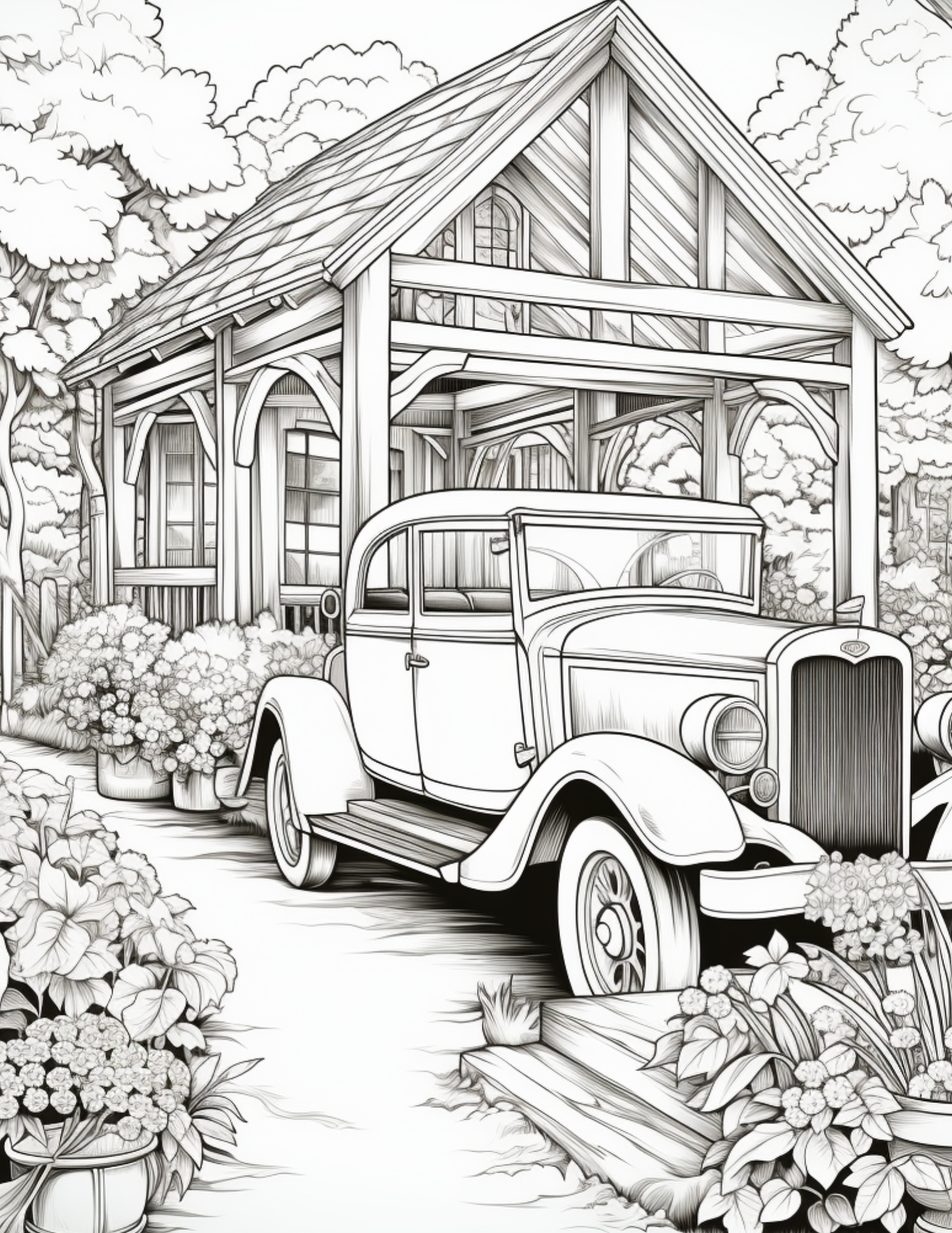 vintage car coloring pages in a garden