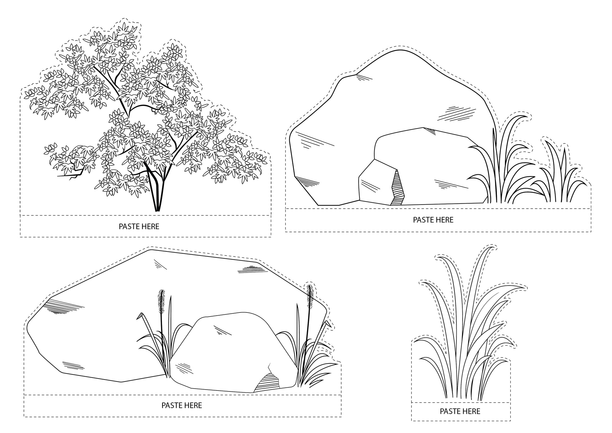 Mountain hills diorama printable for shoebox science project, horses cutout images, trees cutouts, grass cutouts