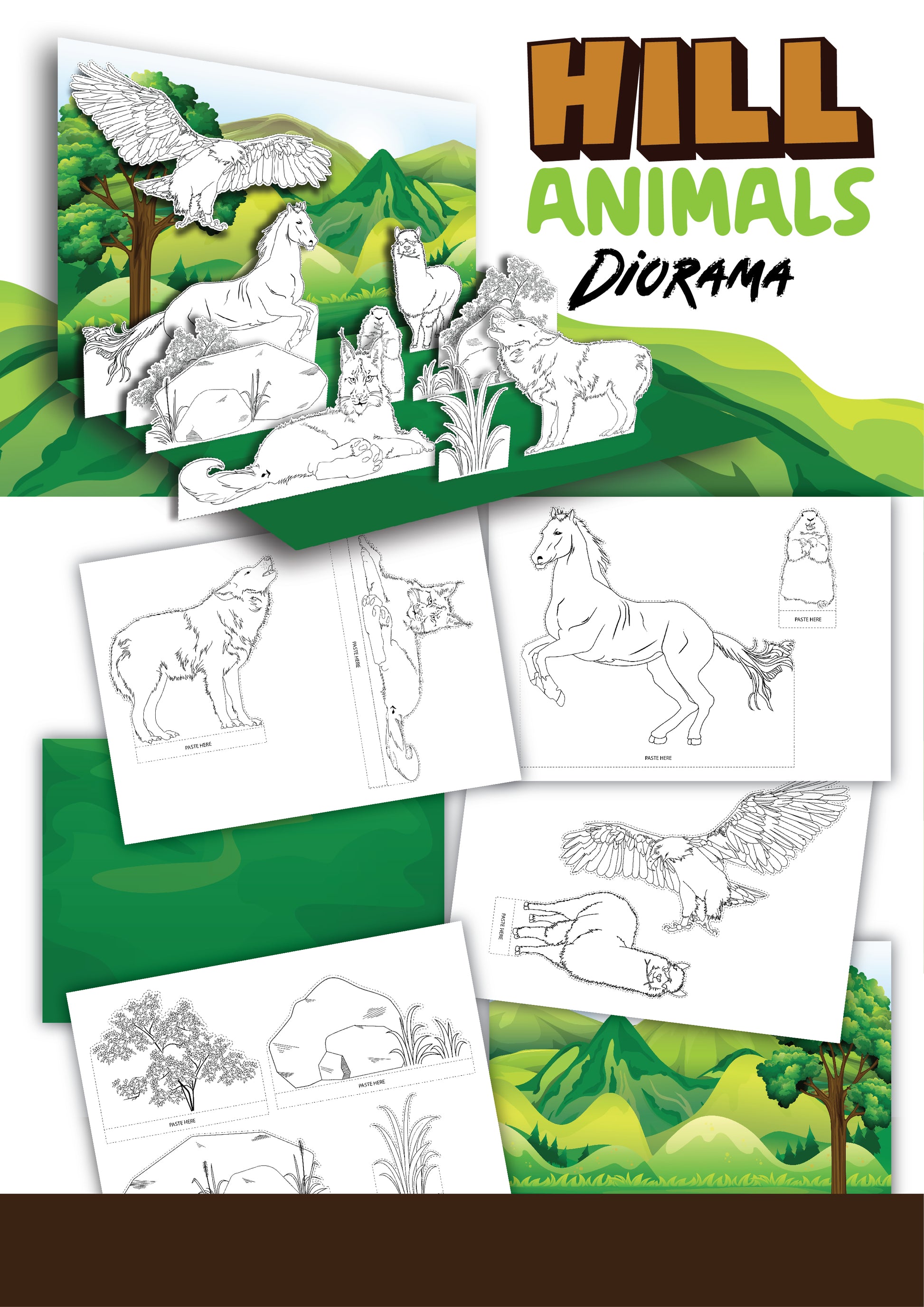 Mountain hills diorama printable for shoebox science project, horses cutout images, trees cutouts, grass cutouts