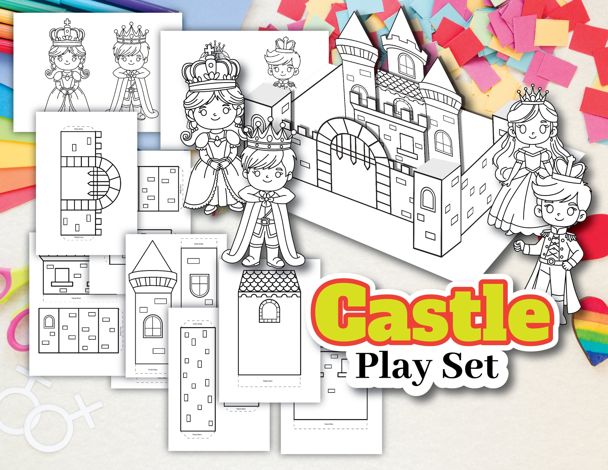 Castle playset printable craft which includes cut out prince and princess, cut out castle with towers and a fortress wall to build, prestend play castle build 