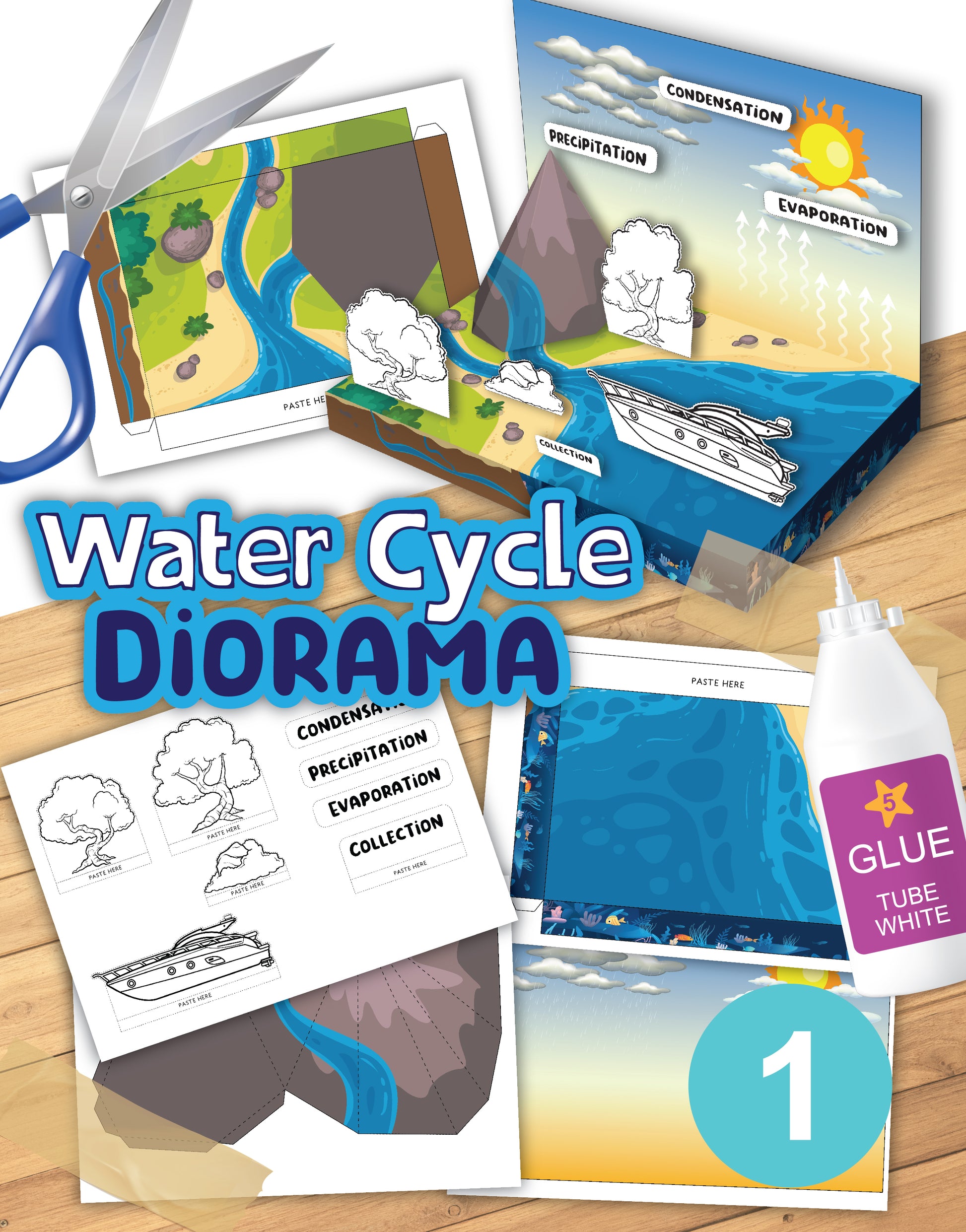 Printable water cycle diorama to make a shoebox science project 3d printable graphics