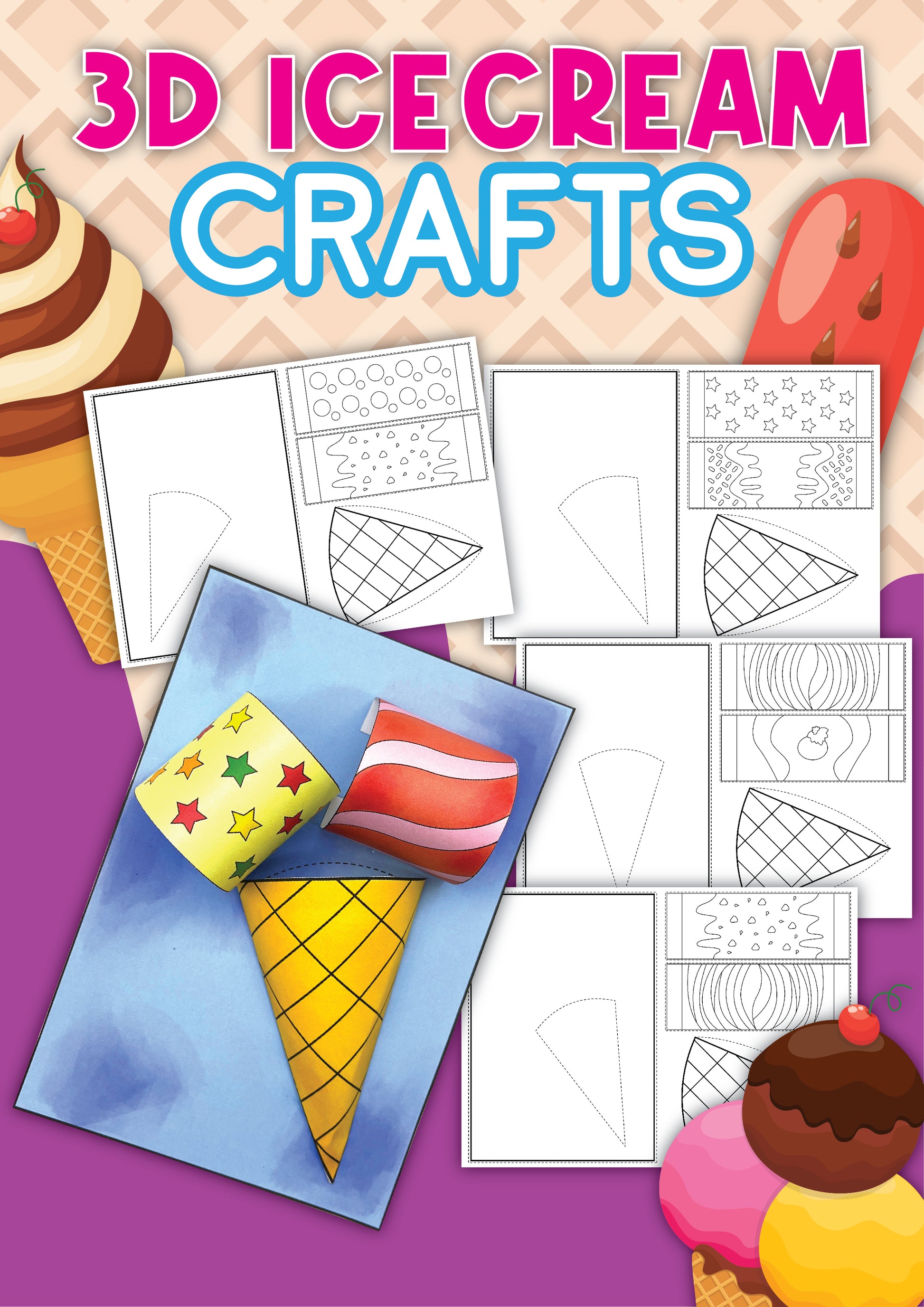 3D Ice Cream printables to cut, color, and paste to make a 3d Ice cream craft fun summer printable activities for kids at ice cream parties, ice cream printables, ice cream coloring pages