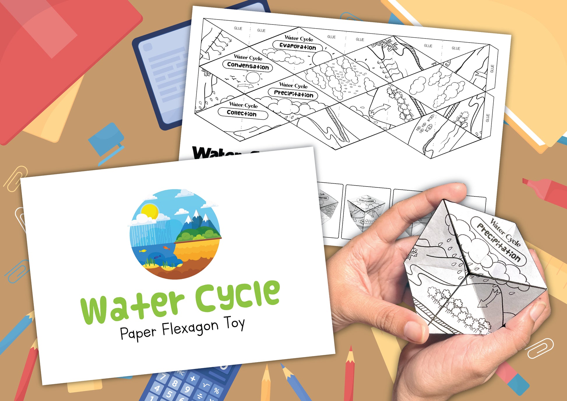 Printable water cycle flexagon toy to learn about precipitation, condensation. evaporation and collection