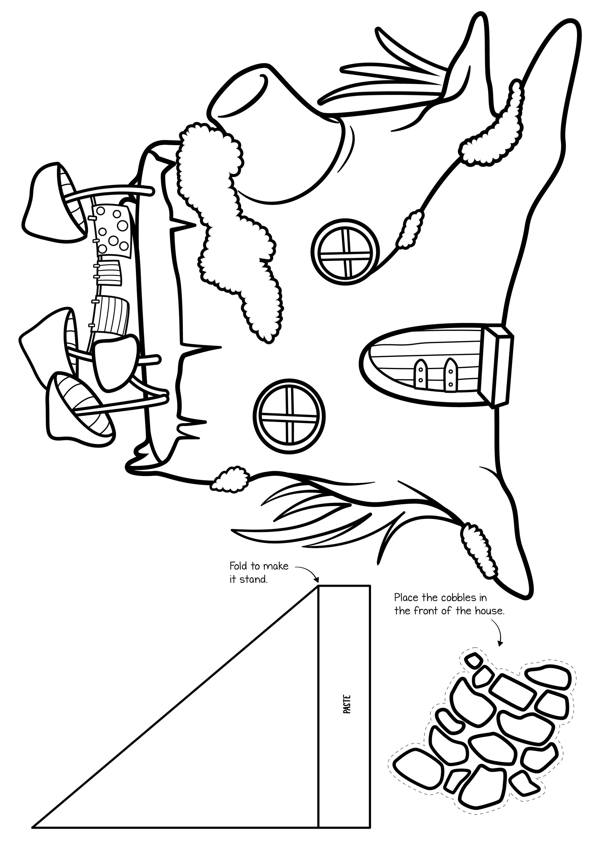 Build a paper fairy land printable craft with cut outs of fairy houses, fairy muschroom houses, tress and flowers and garden fences and barrel