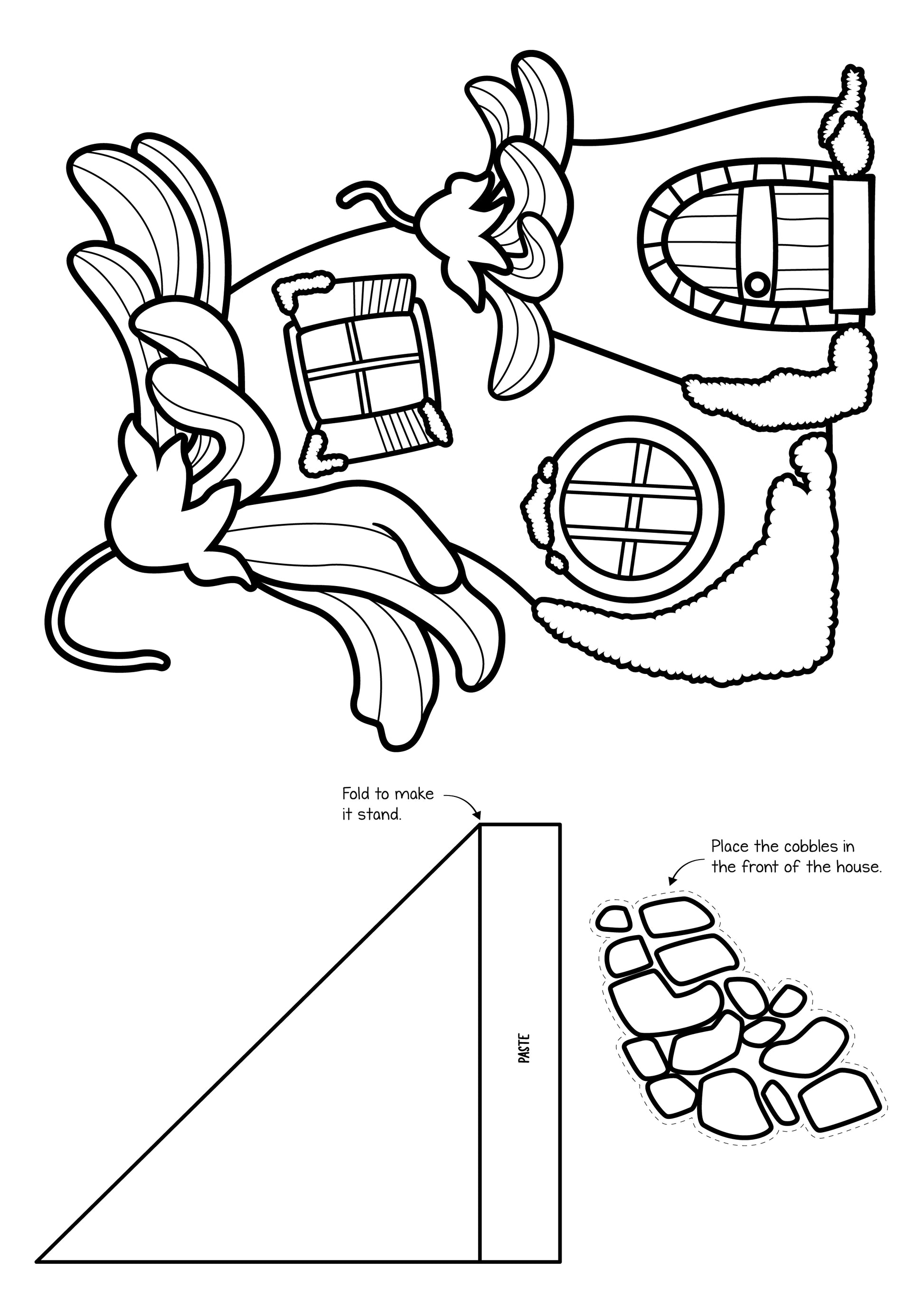 Build a paper fairy land printable craft with cut outs of fairy houses, fairy muschroom houses, tress and flowers and garden fences and barrel