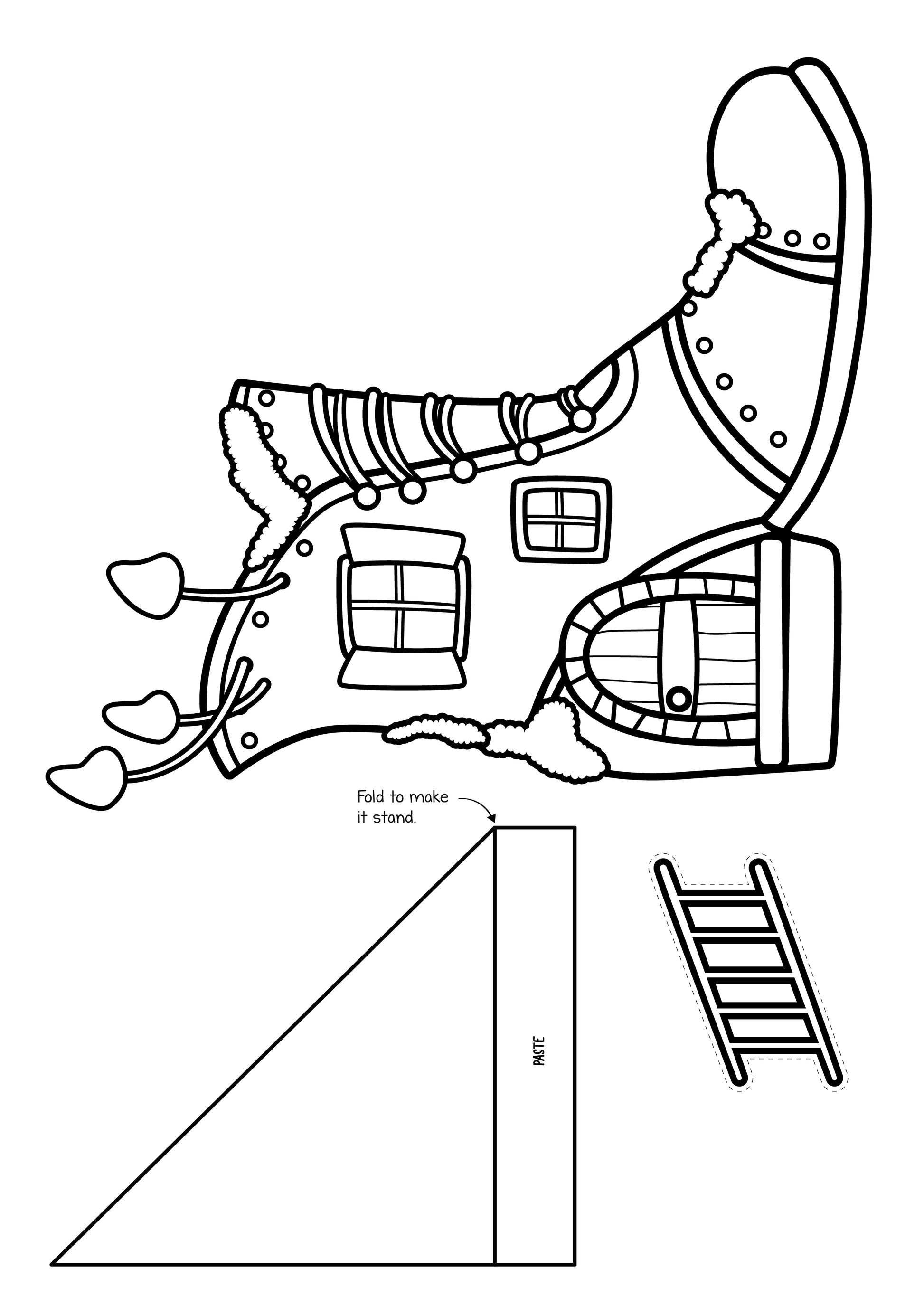 Build a paper fairy land printable craft with cut outs of fairy houses, fairy muschroom houses, tress and flowers and garden fences and barrel