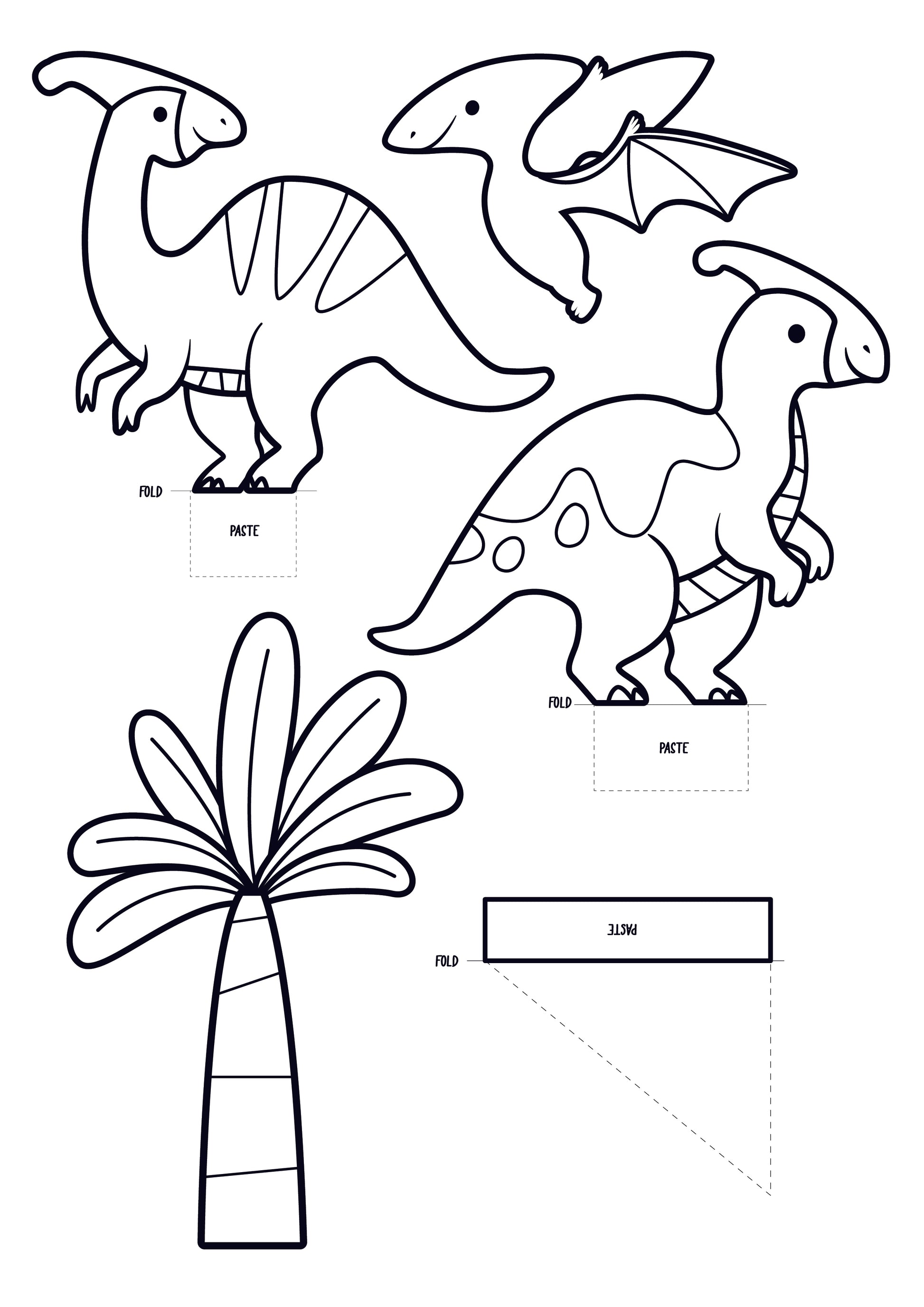 Dinoland Dinosaur printable land to build a dinoland park for kids cut out dinosaurs, mountain volcano, palm trees, grass to build an entire dino land