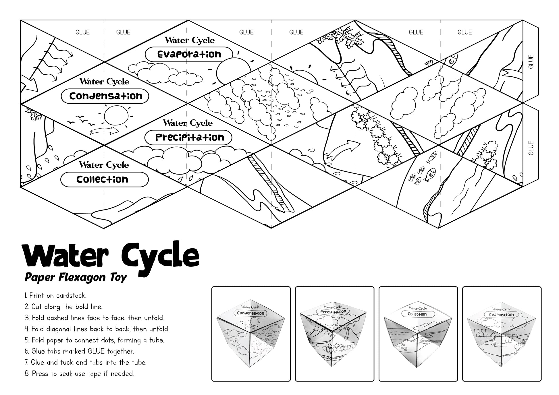 Printable water cycle flexagon toy to learn about precipitation, condensation. evaporation and collection