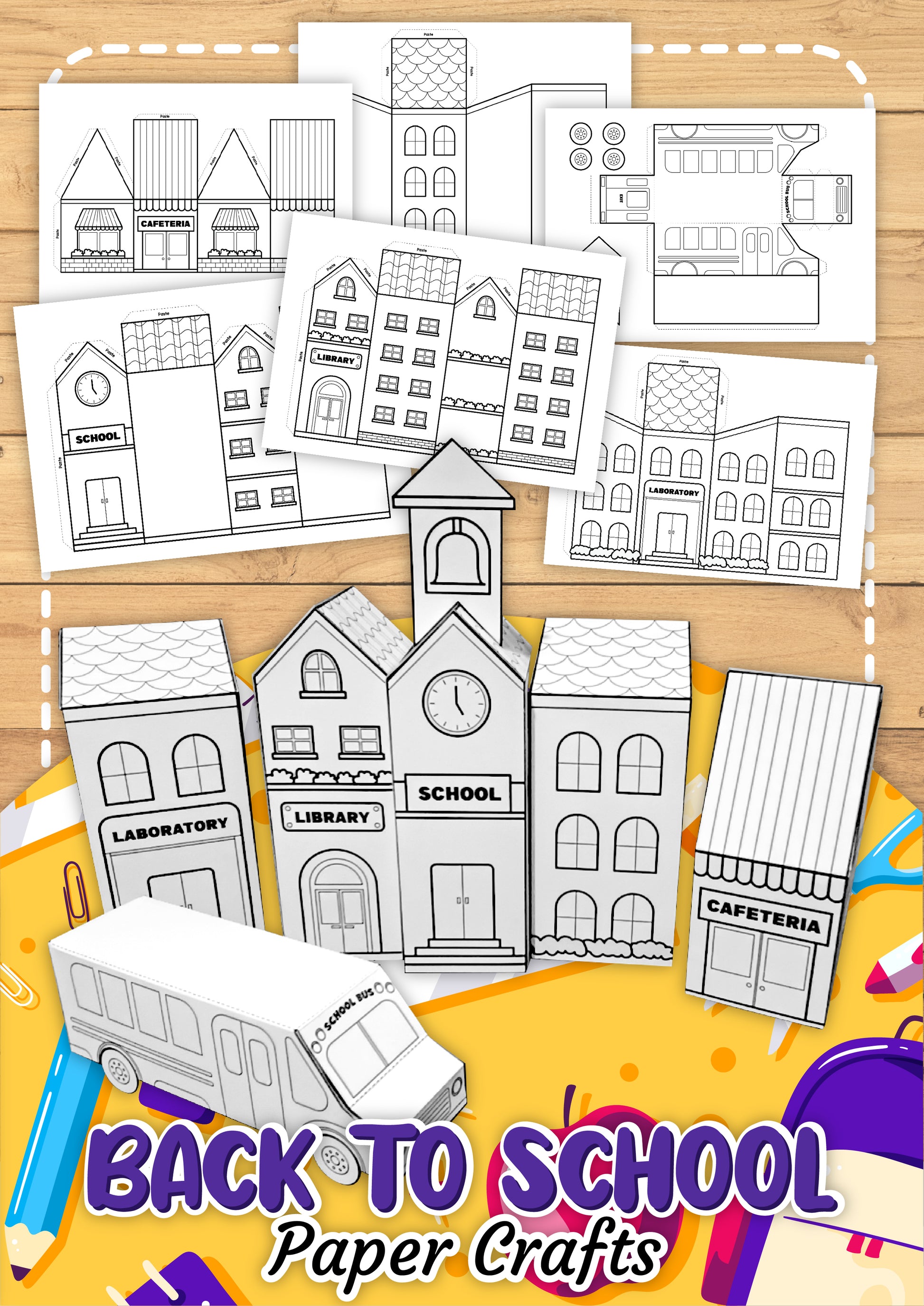 back to school paper craft printable build a school bus, build a school building build a cafeteria build a library