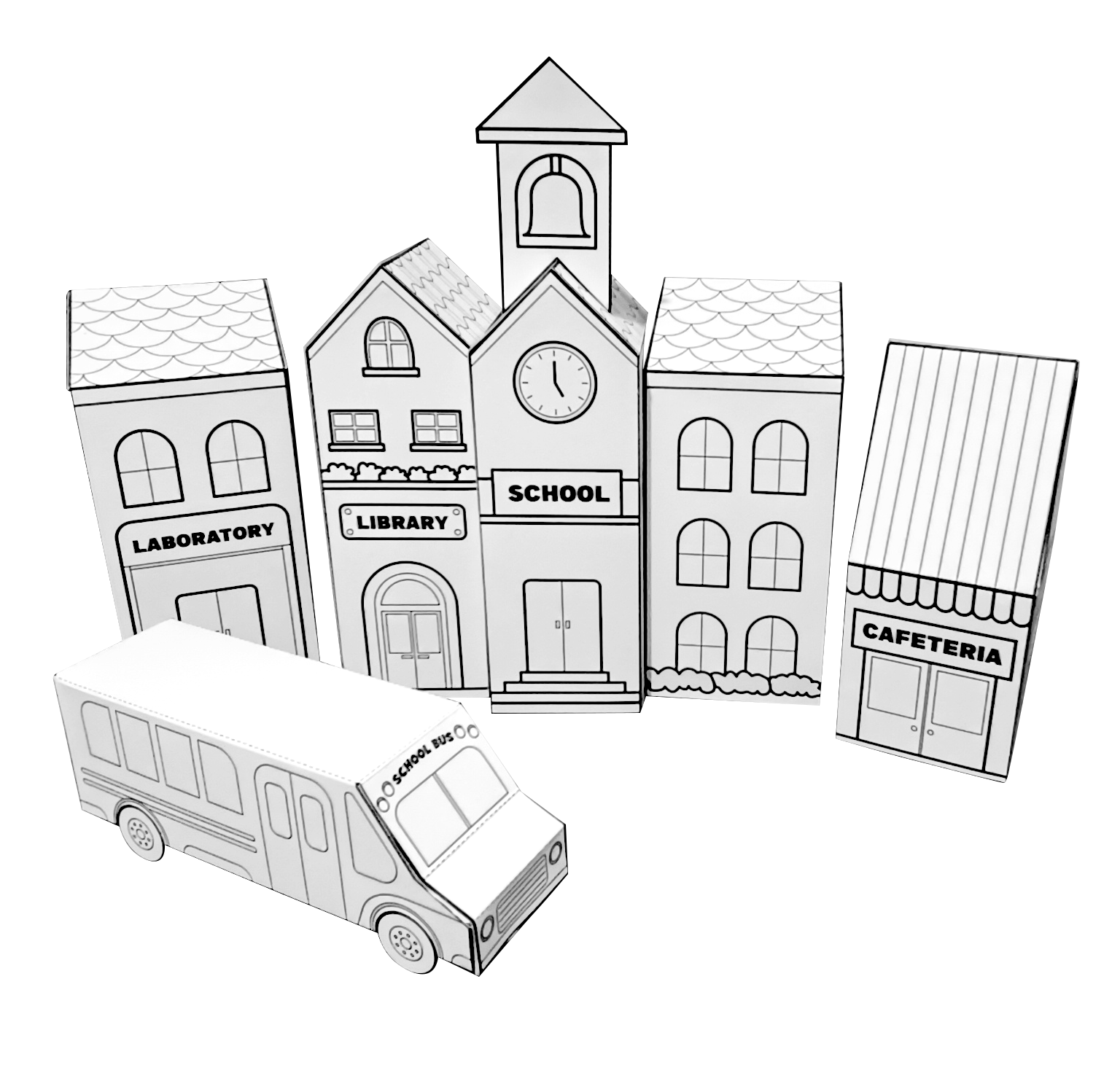 back to school paper craft printable build a school bus, build a school building build a cafeteria build a library