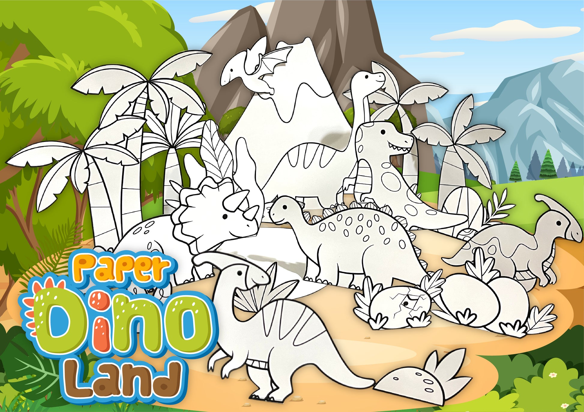 Dinoland Dinosaur printable land to build a dinoland park for kids cut out dinosaurs, mountain volcano, palm trees, grass to build an entire dino land