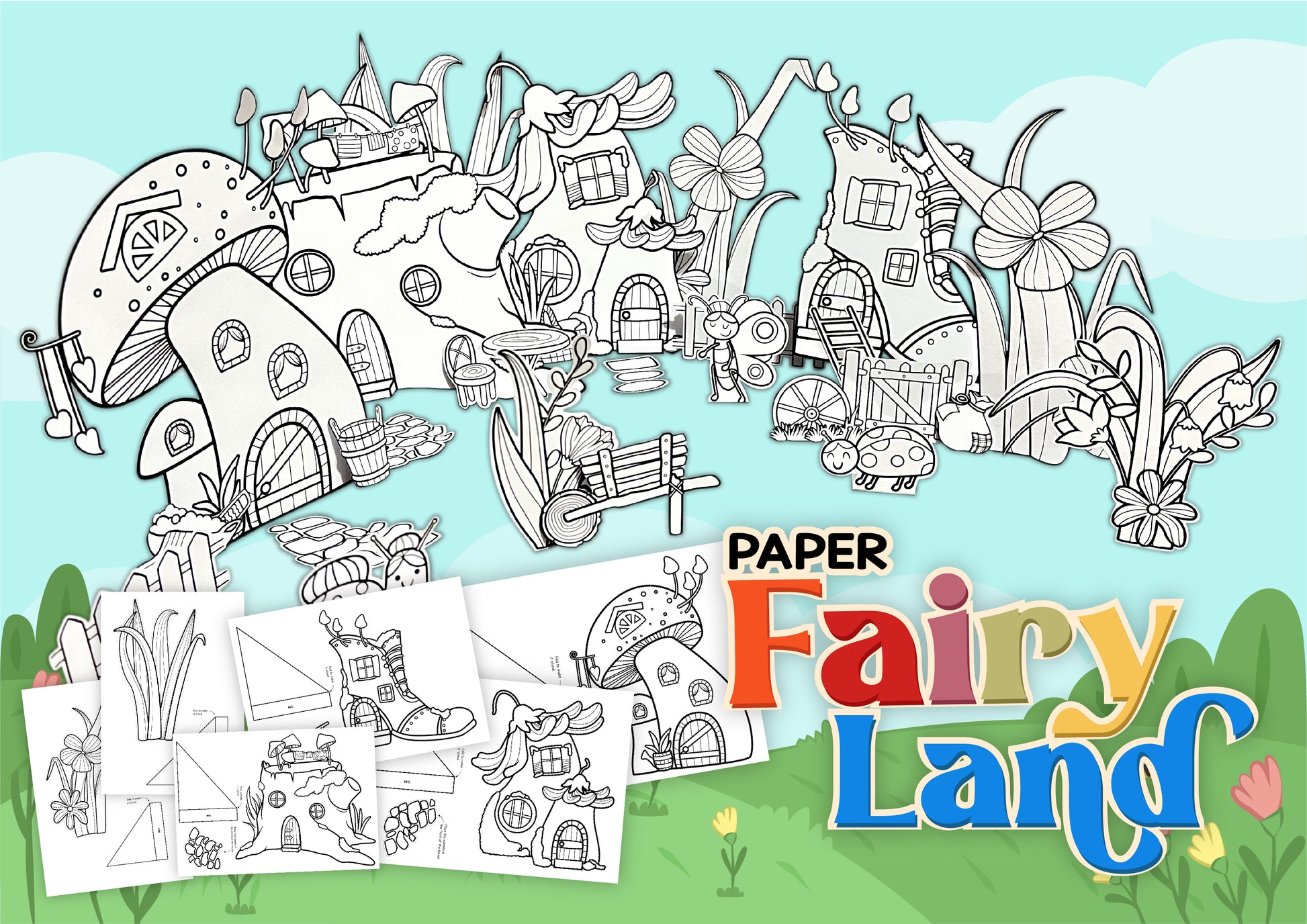 Build a paper fairy land printable craft with cut outs of fairy houses, fairy muschroom houses, tress and flowers and garden fences and barrel