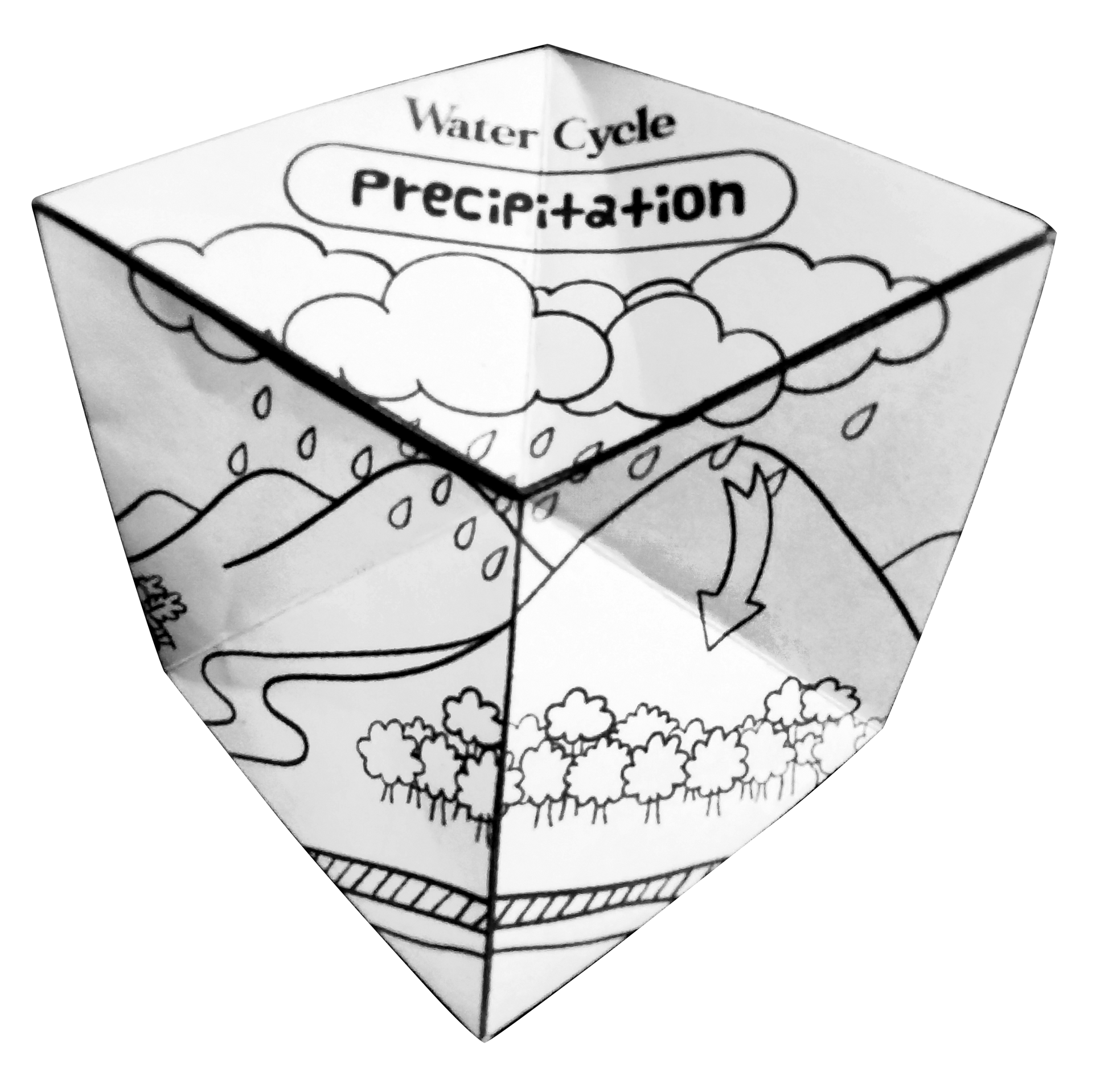 Printable water cycle flexagon toy to learn about precipitation, condensation. evaporation and collection