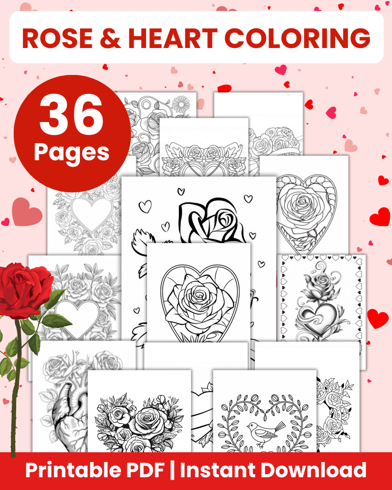 Rose and Heart Coloring Pages – 36 Pages – 24hourprintables.com