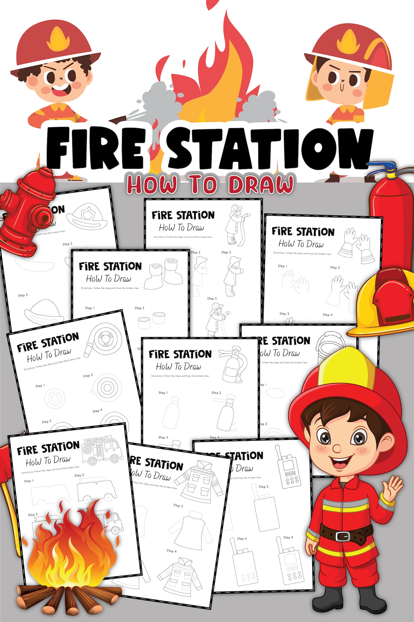 How to Draw a Fire Station and Fireman Printable (10 Pages)
