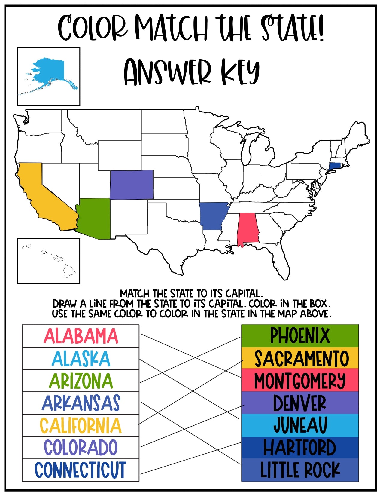 State Matching Game Color the States and Match the Capital (14 Pages) – 24hourprintables.com