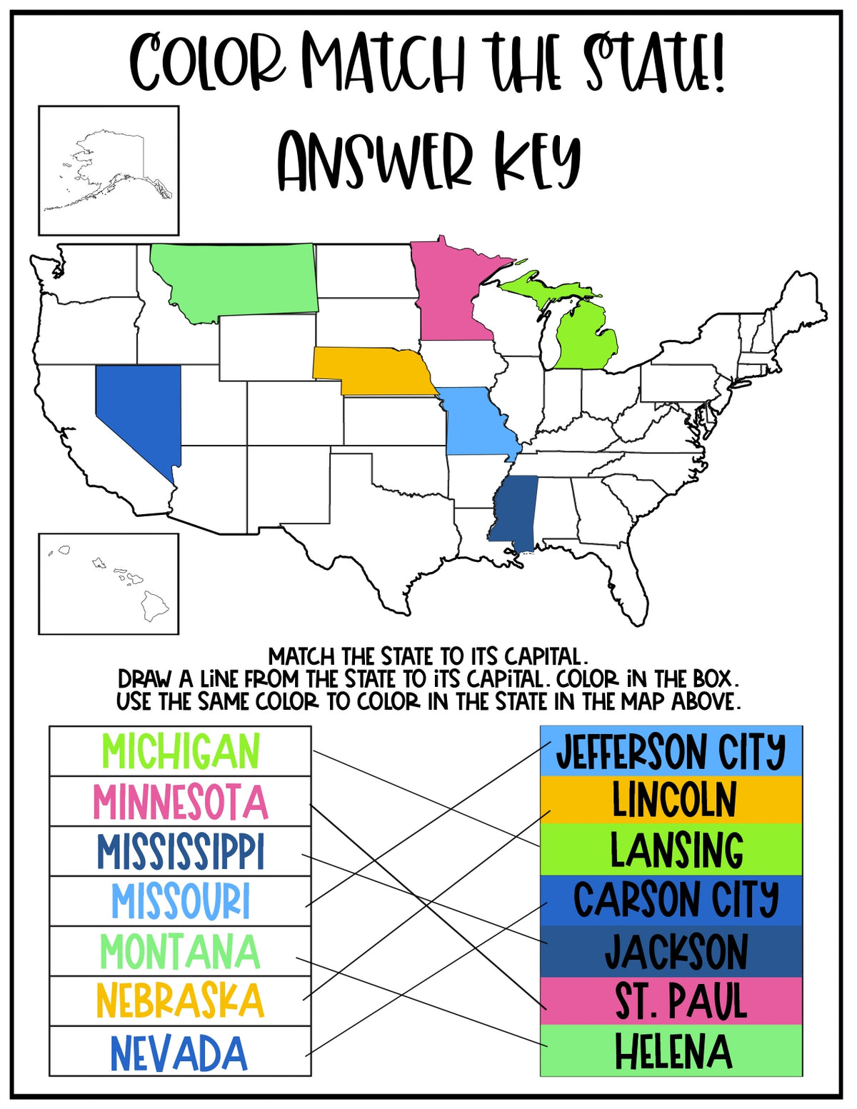 State Matching Game Color the States and Match the Capital (14 Pages) – 24hourprintables.com