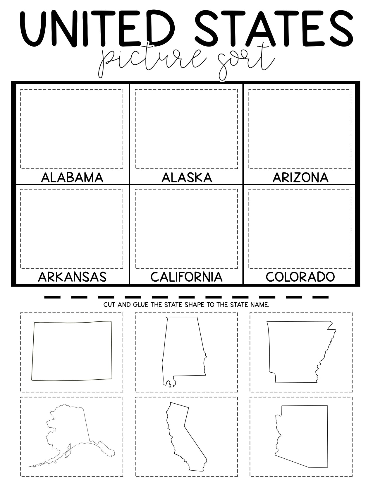 U.S.A. Cut and Glue all 50 states Printable (18 pages)