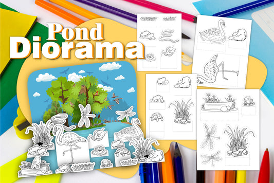 Printable pond diorama craft to make a shoebox science project, pond cut outs, garden cut outs , rock cut out, duck cut outs