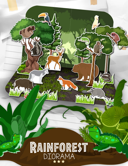Printable Rainforest diorama pdf for a diorama science project, tree cutouts raindorest animals cutouts for shoebox science project